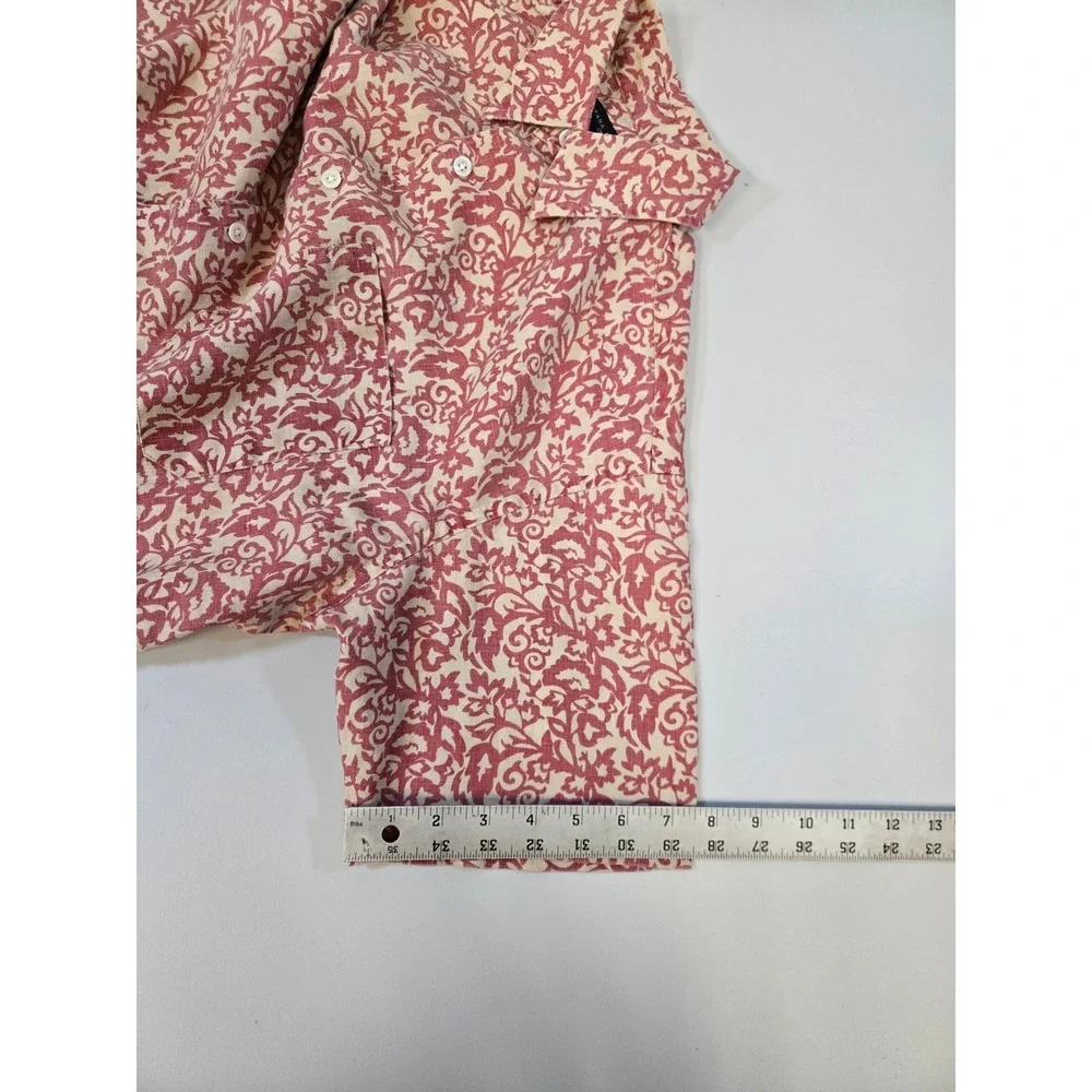 Banana Republic Mens Small Red Cream Damask Scroll Print‎ 100% Linen SS Shirt